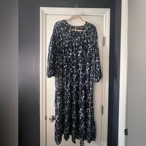 Free People Midnight Blue Floral 3/4 Sleeve Dress - Boho
